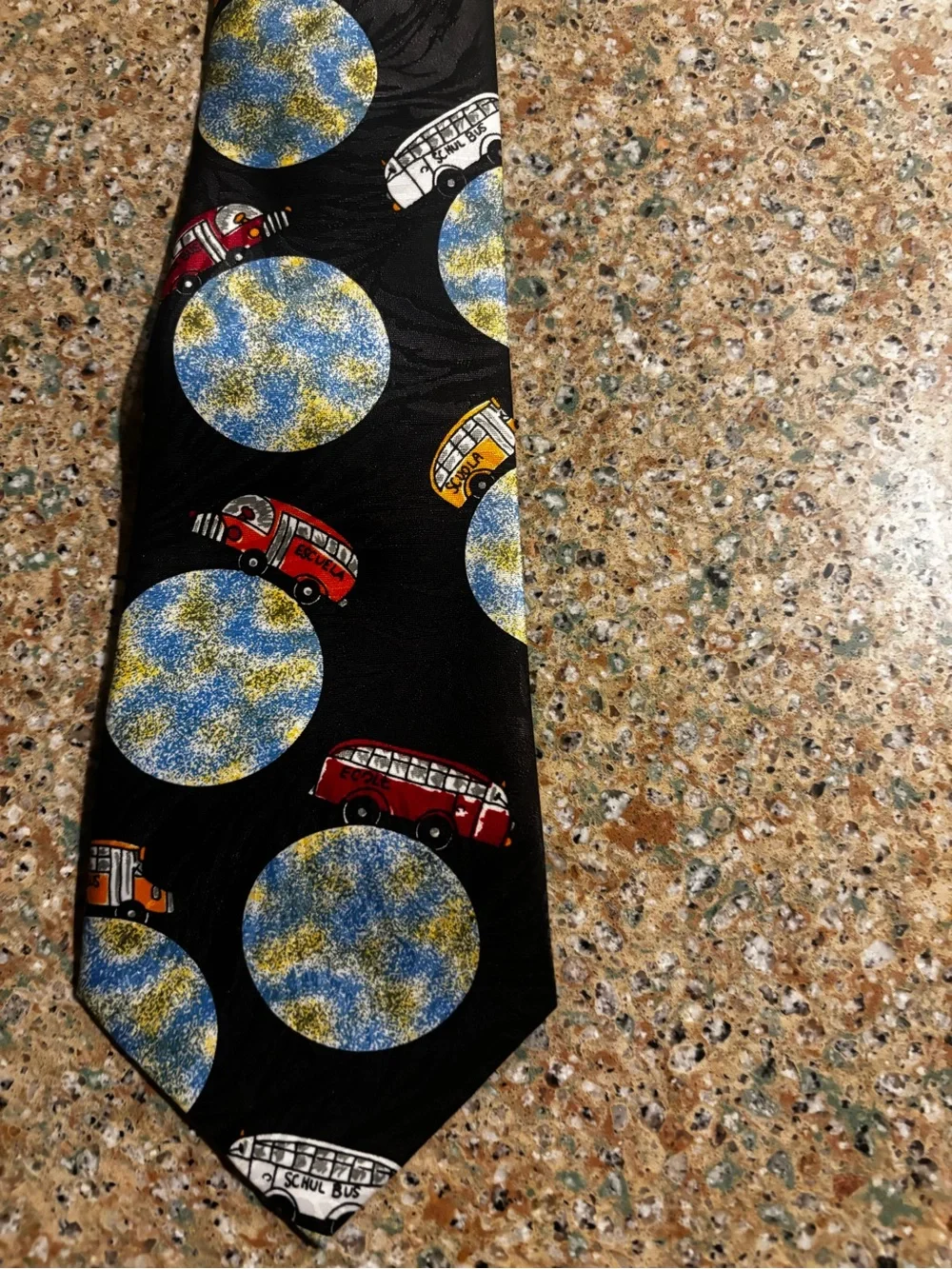 VTG novelty teacher necktie playful school bus and planetary print